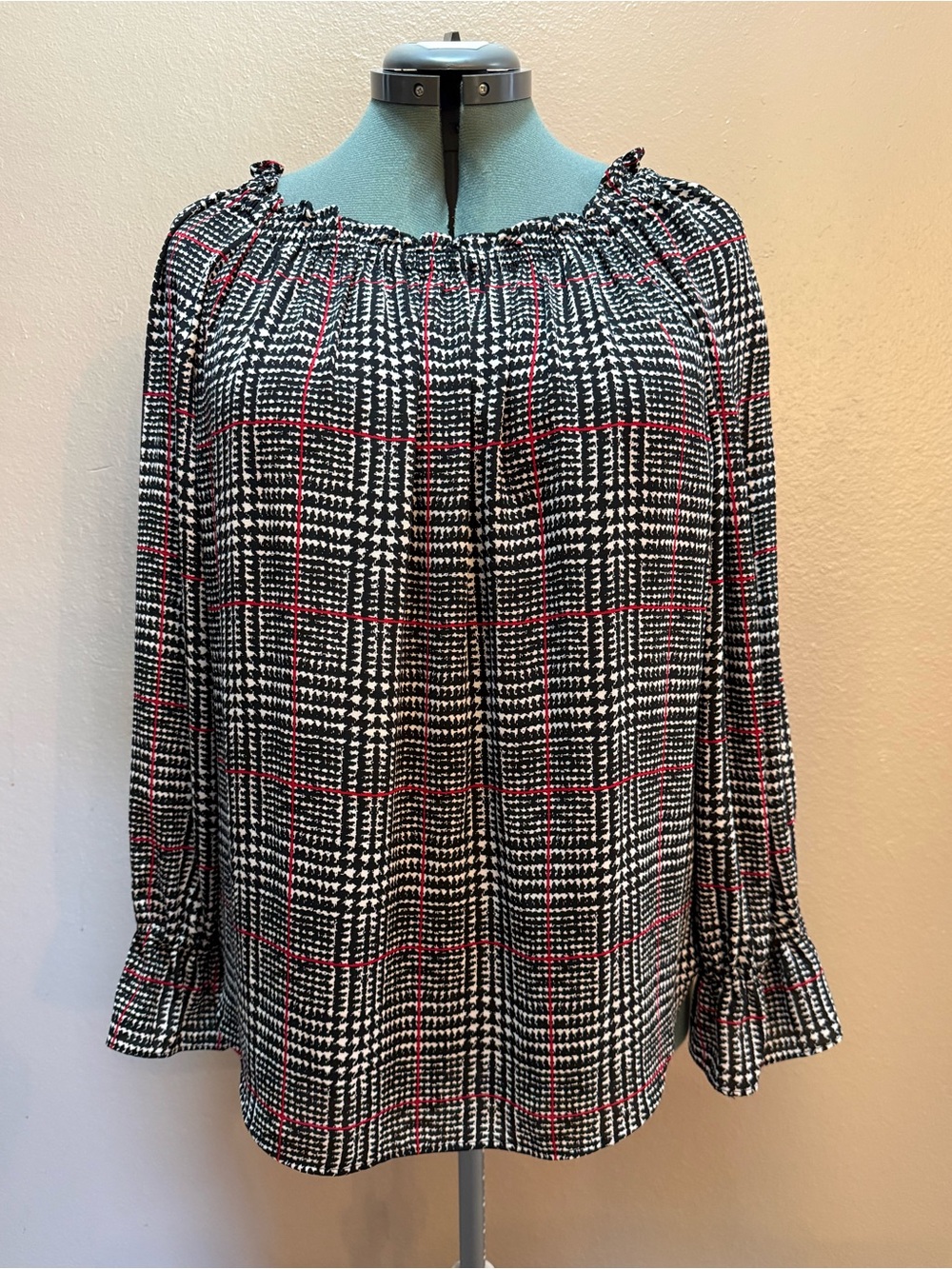 Talbots Glen Plaid Smocked Elastic Neck Popover Blouse Top Black Size XL